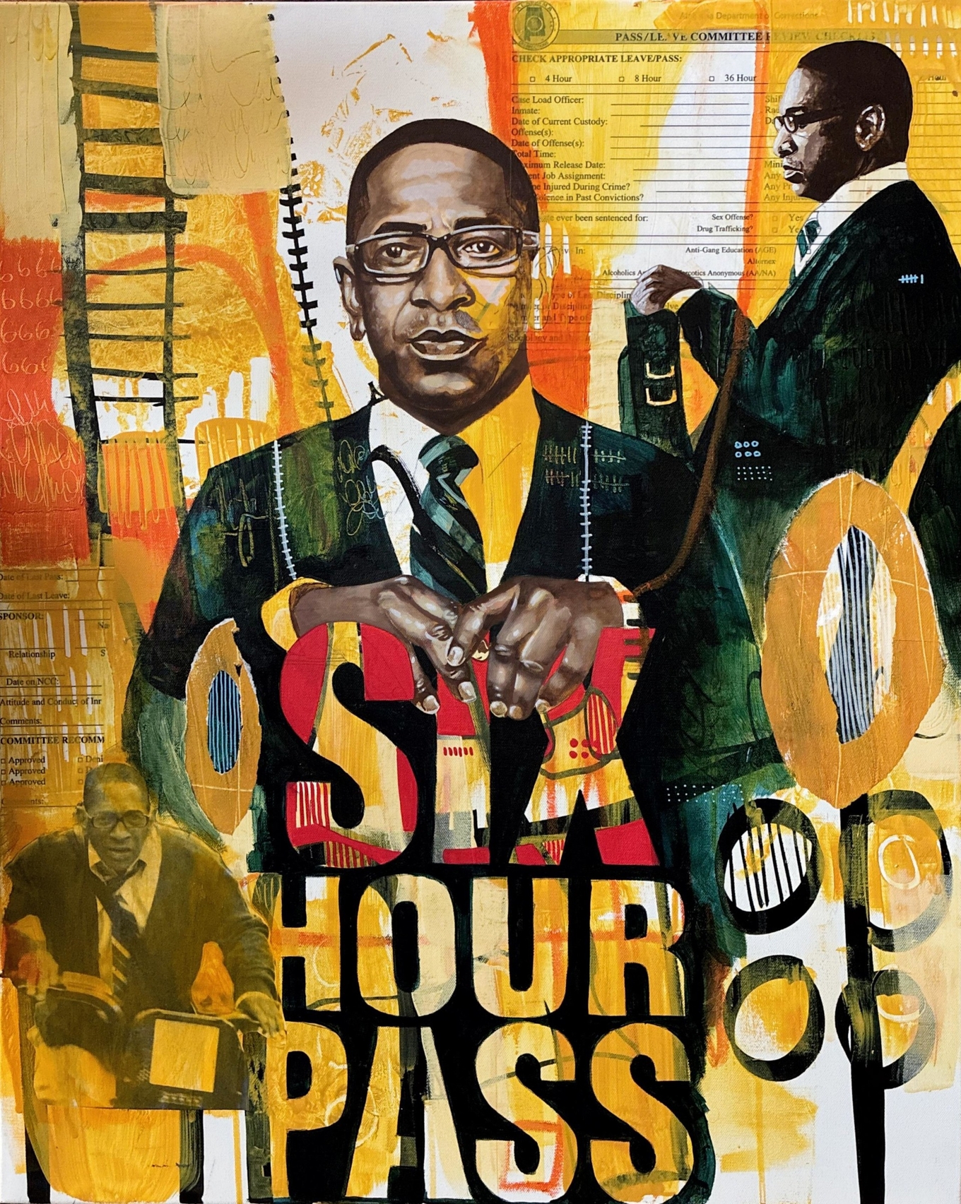 Mixed-media collage featuring portraits of a man in a suit over official prison pass documents.