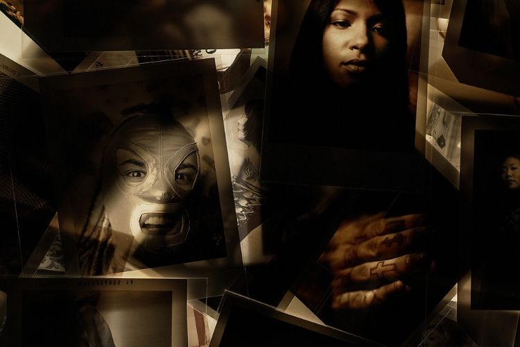 A collage of sepia-toned photographs featuring a person in a luchador mask, hands, and faces.