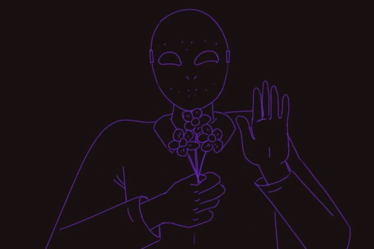 Purple line drawing of a person in a mask holding flowers and waving against a black background.