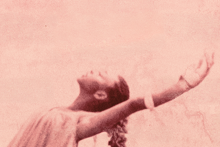 A vintage-style photograph of a person reaching upward with a joyful expression.