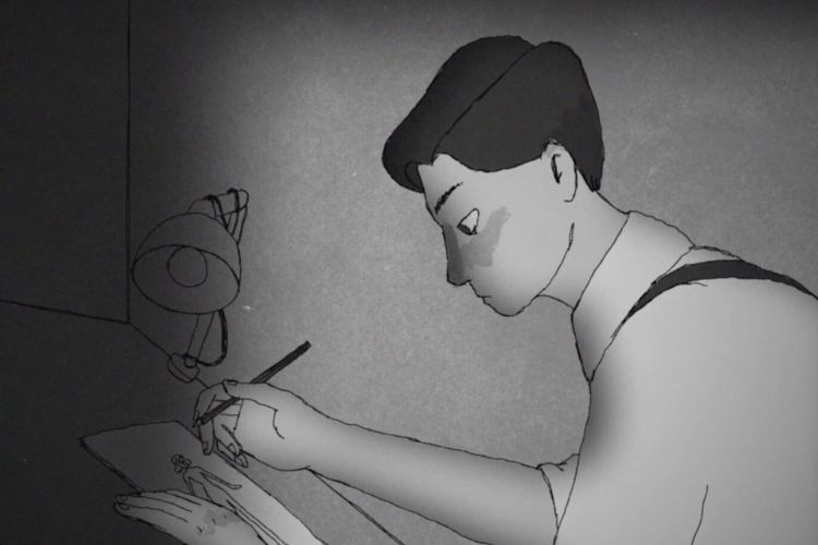 Black and white illustration of a young man sketching at a desk by lamplight.