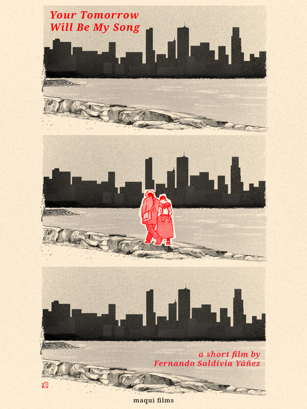 Graphic poster of a couple walking along a waterfront with a city skyline in the background.