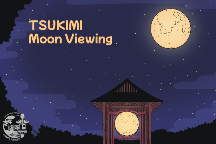Graphic illustration of a full moon above a wooden pavilion in a starry night sky.