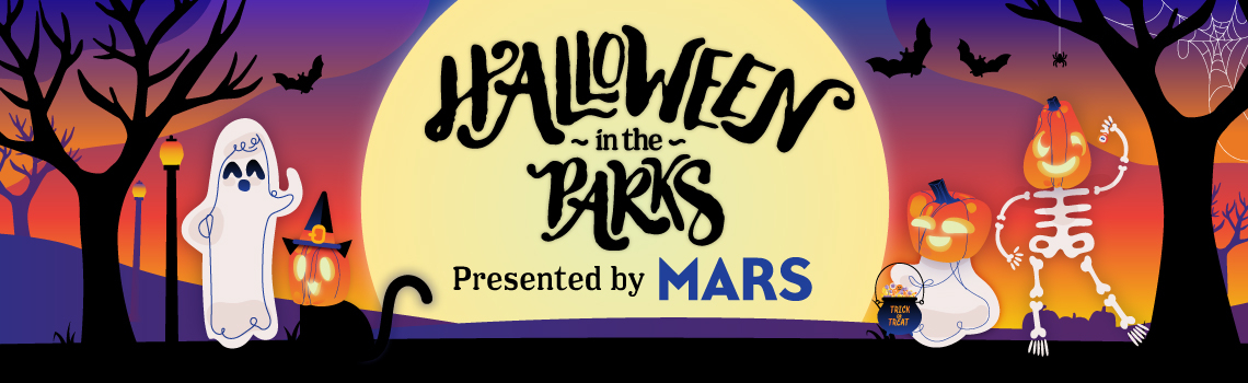 Halloween in the Parks event banner with a full moon, ghost, skeleton, and cat, presented by Mars.