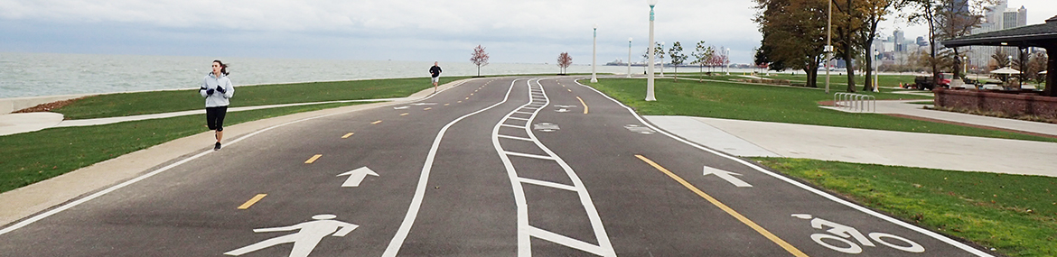 Paved path along lakefront with pedestrian and bike lanes. People jogging.