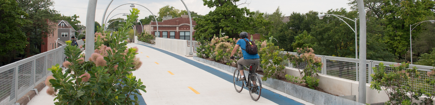 Paths & Trails.png Cyclist on elevated bike path with arched supports and landscaping.
