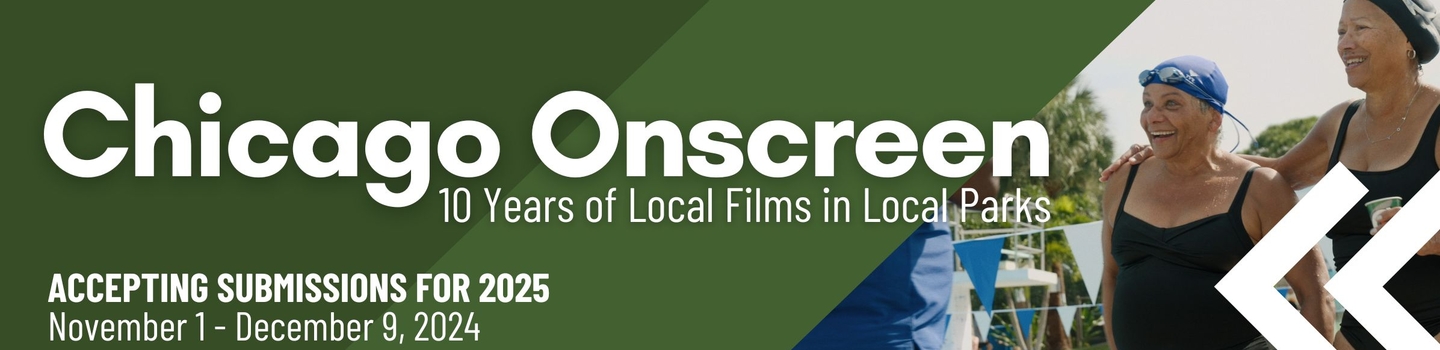 Two women in swimsuits at a public pool, Chicago Onscreen logo.