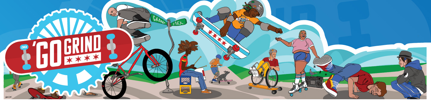 Diverse group of people enjoying various wheeled activities in a park. 'Go Grind' logo. Graphic.