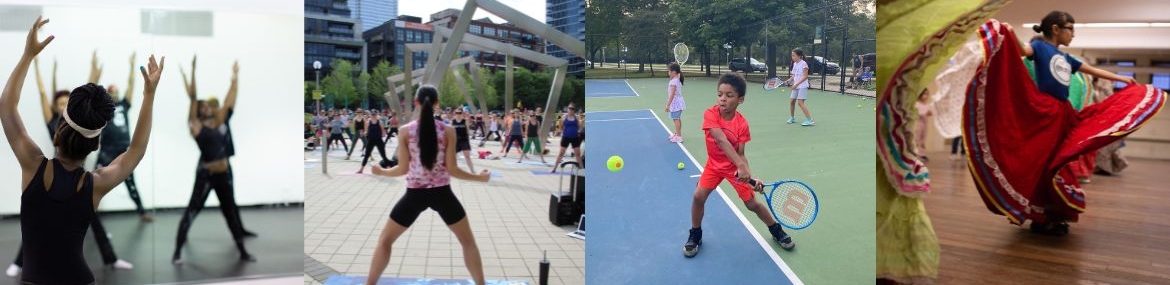 Four photos show different types of movement: dance class, outdoor yoga, children playing tennis, and folkloric dance.