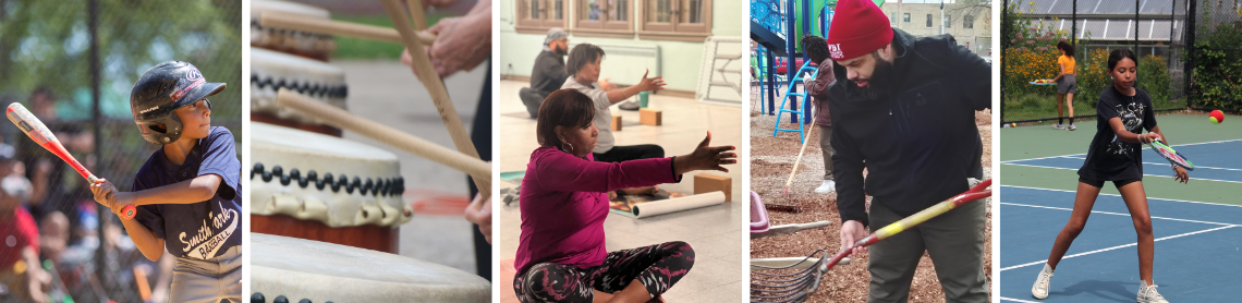 Five photos show different types of movement: a young baseball player batting, drums being drummed on, adults in a yoga class, adult volunteer mulching a playground, and children playing tennis.