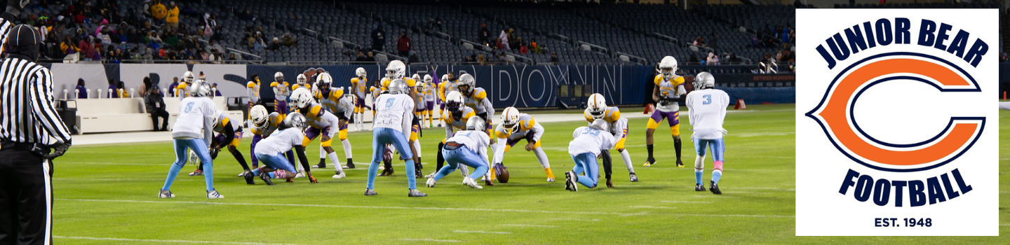 Youth football game in progress. A referee watches as the offensive team, in light blue and white, prepares to hike the ball.  The defensive team wears purple and gold. Junior Bear Football program logo in the corner.