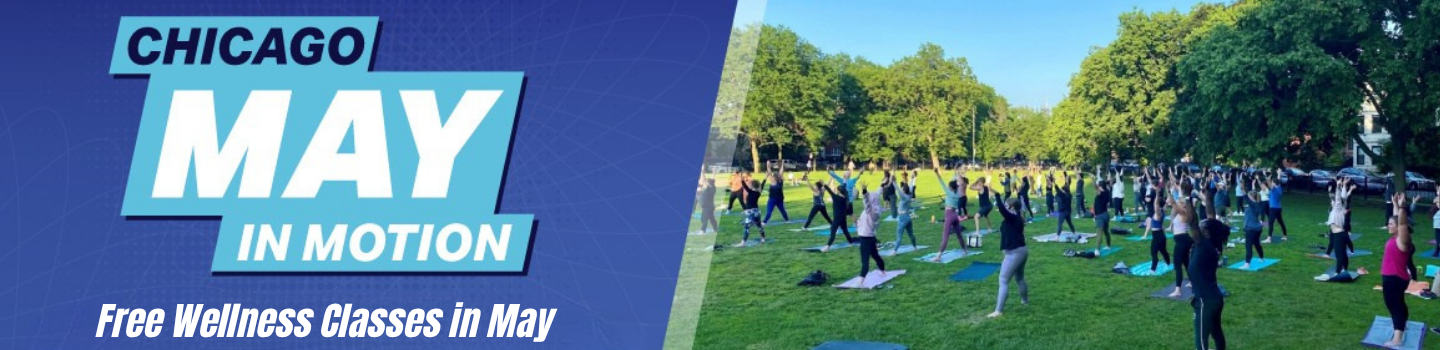 Graphic advertising free wellness classes in Chicago featuring a large group practicing yoga in a park.