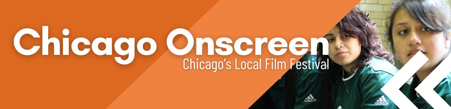 Promotional banner for Chicago Onscreen film festival featuring two female soccer players.