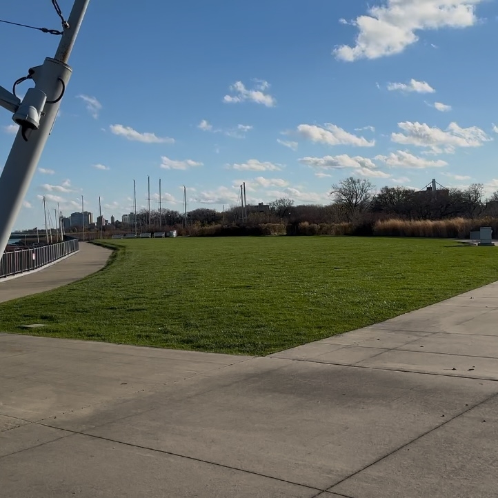 Grassy park area next to a walkway and harbor.