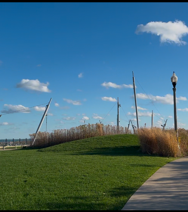 Green grassy park with tall metal poles and a lamppost under a bright blue, slightly cloudy sky.