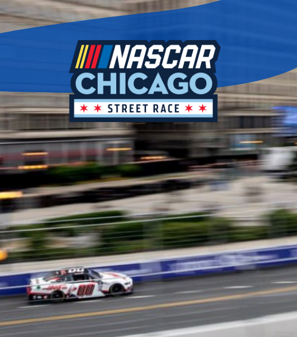 NASCAR Chicago Street Race logo over a blurred photo of a race car speeding down a city street.
