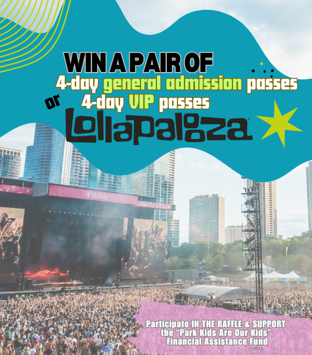 Lollapalooza stage and crowd with Chicago skyline.