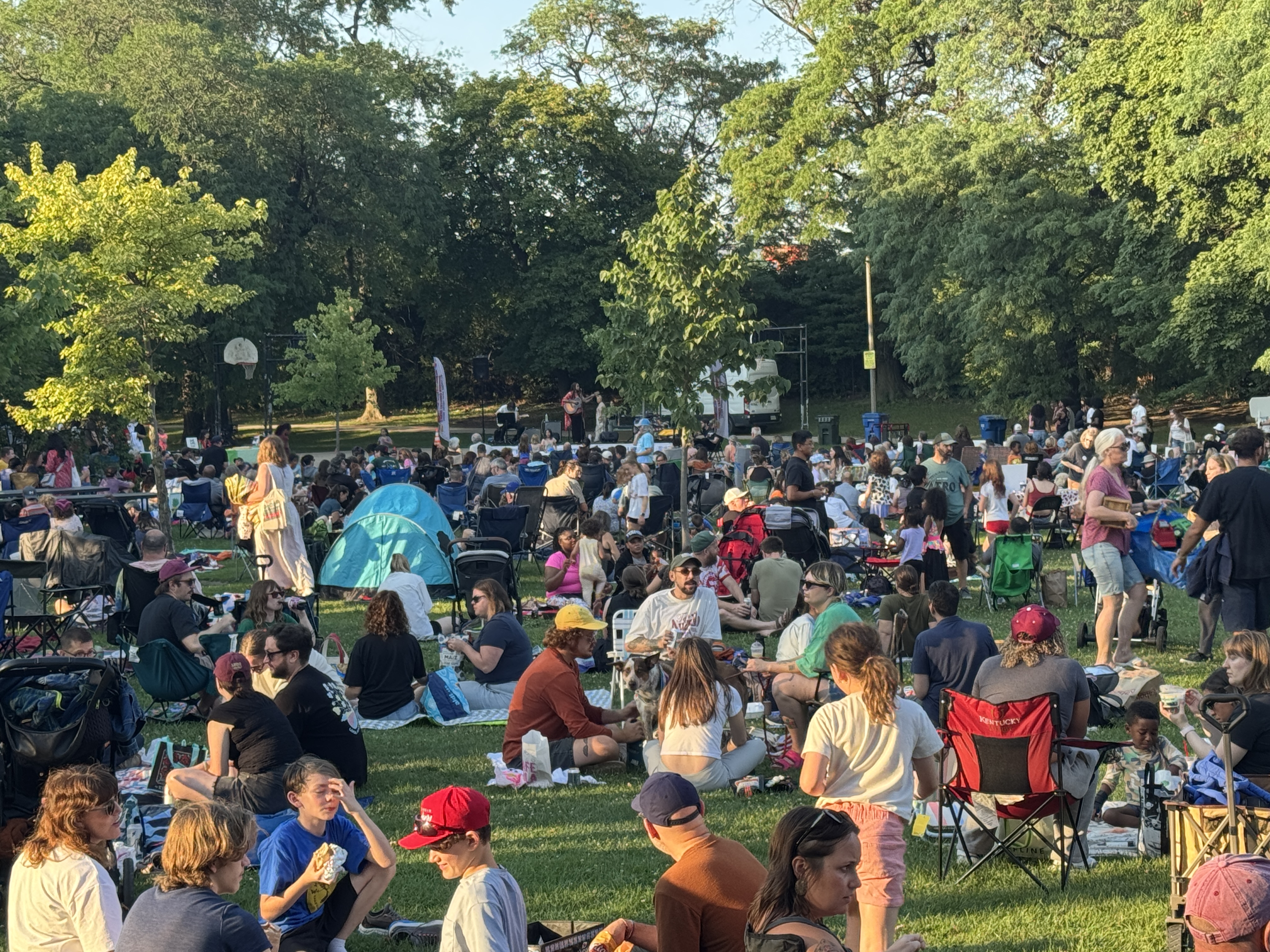 Crowd of people sitting on grass in a park, enjoying a concert.