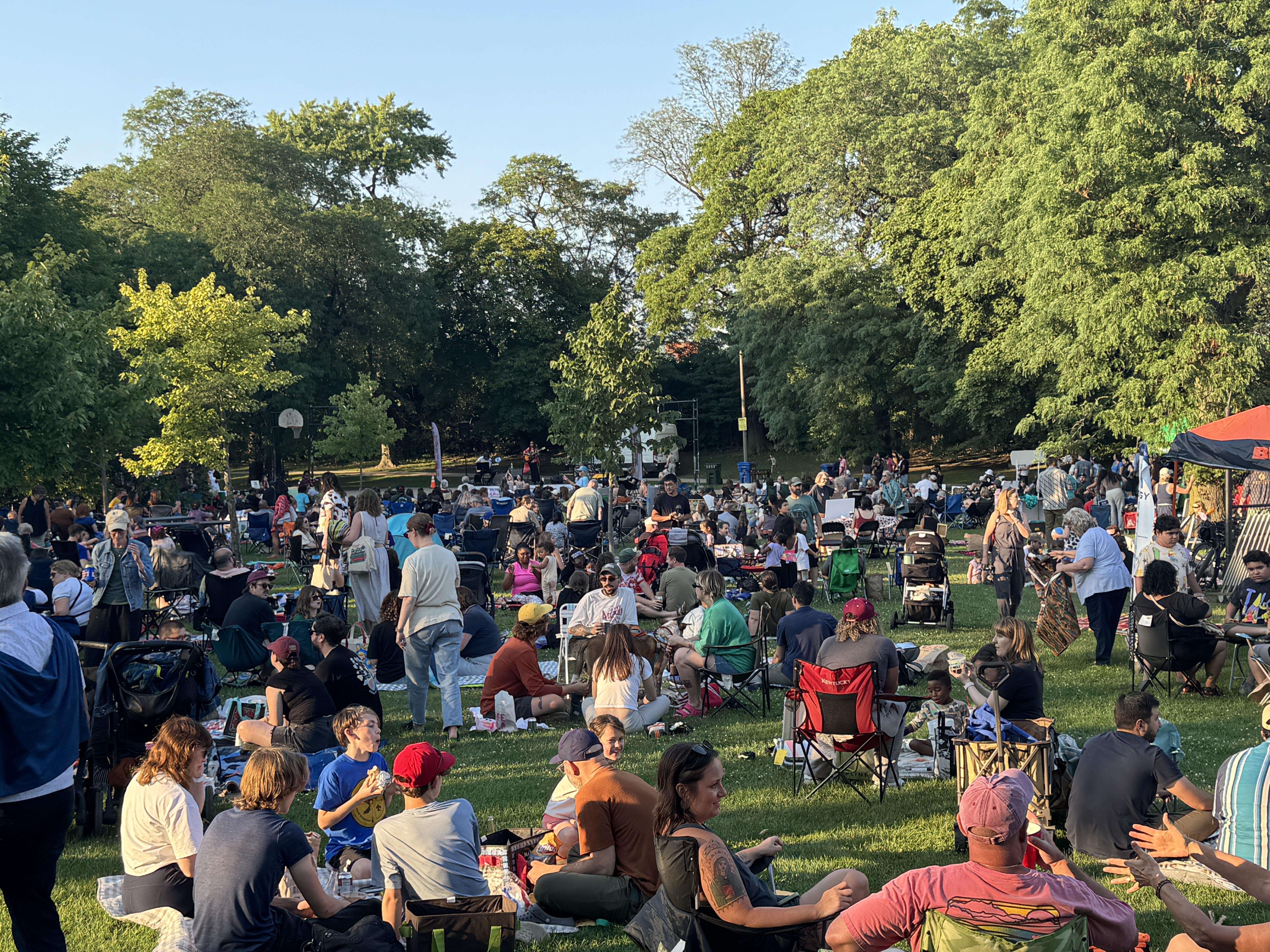 Crowd of people sitting on the grass in a park, enjoying a concert.