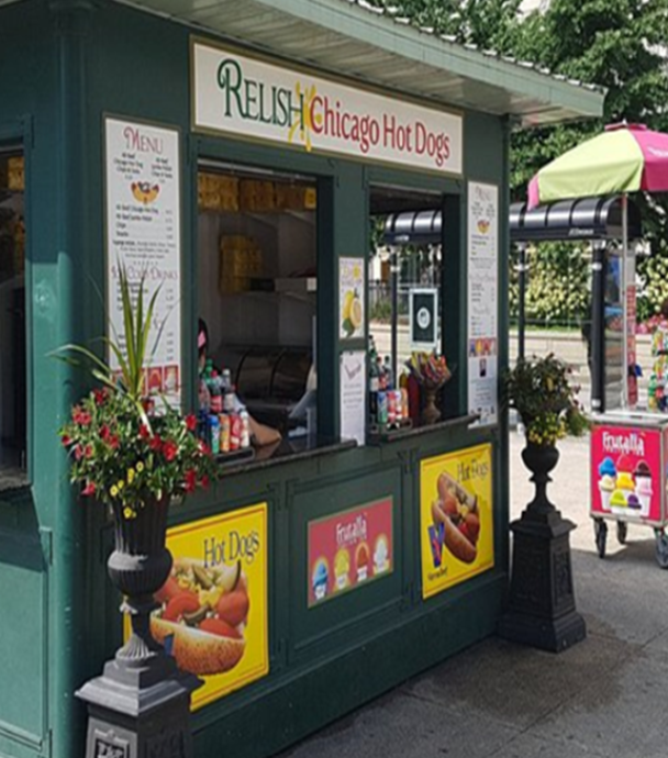Photograph of a Relish Chicago Hot Dogs stand.