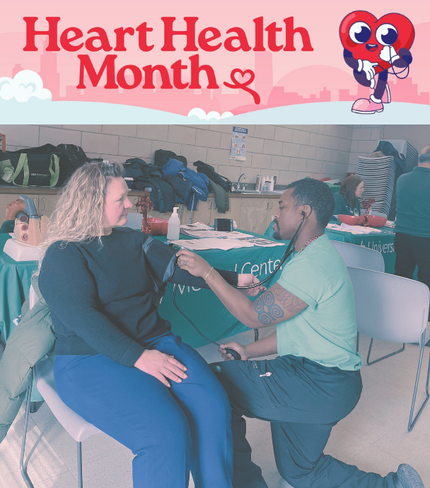 Heart Health Month: Man takes woman's blood pressure at a health fair.