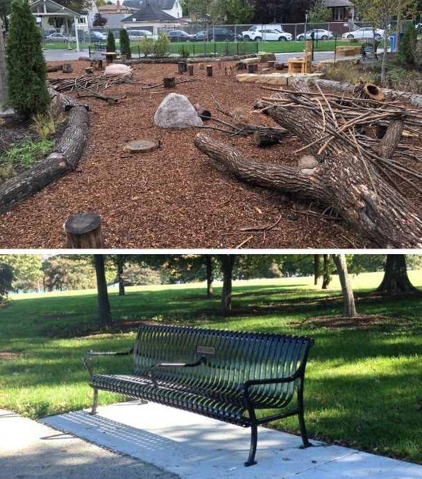 Photograph: Natural play area with logs & rocks; below, a black park bench in a sunny park.