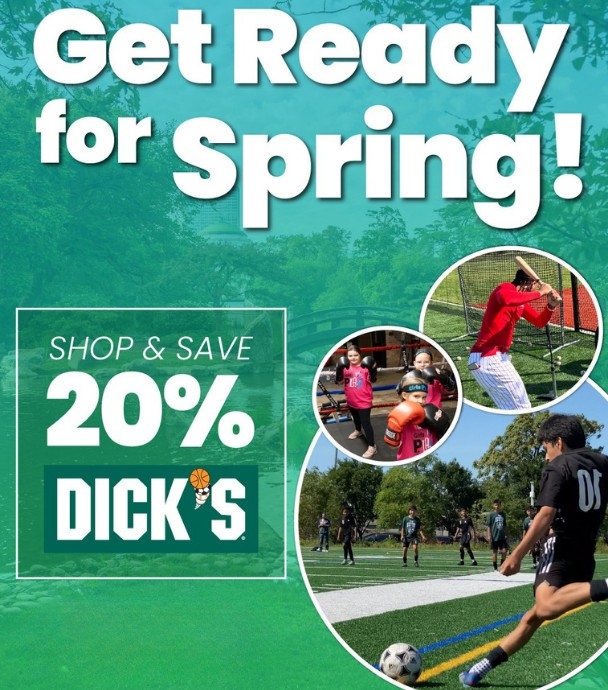 Graphic: Kids boxing, baseball player batting, soccer player on a field. Dick's Sporting Goods logo.