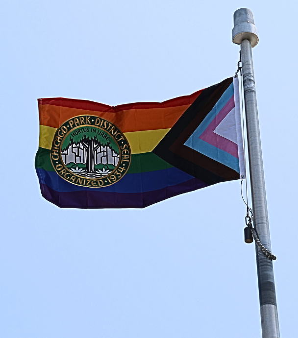 A Chicago Park District Progress Pride flag waving against a light blue sky.