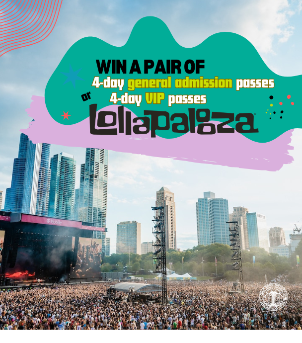 Promotional graphic for Lollapalooza festival tickets featuring a crowd at a Chicago city stage.