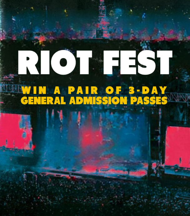 Graphic promoting Riot Fest 3-day general admission ticket giveaway at a night concert.