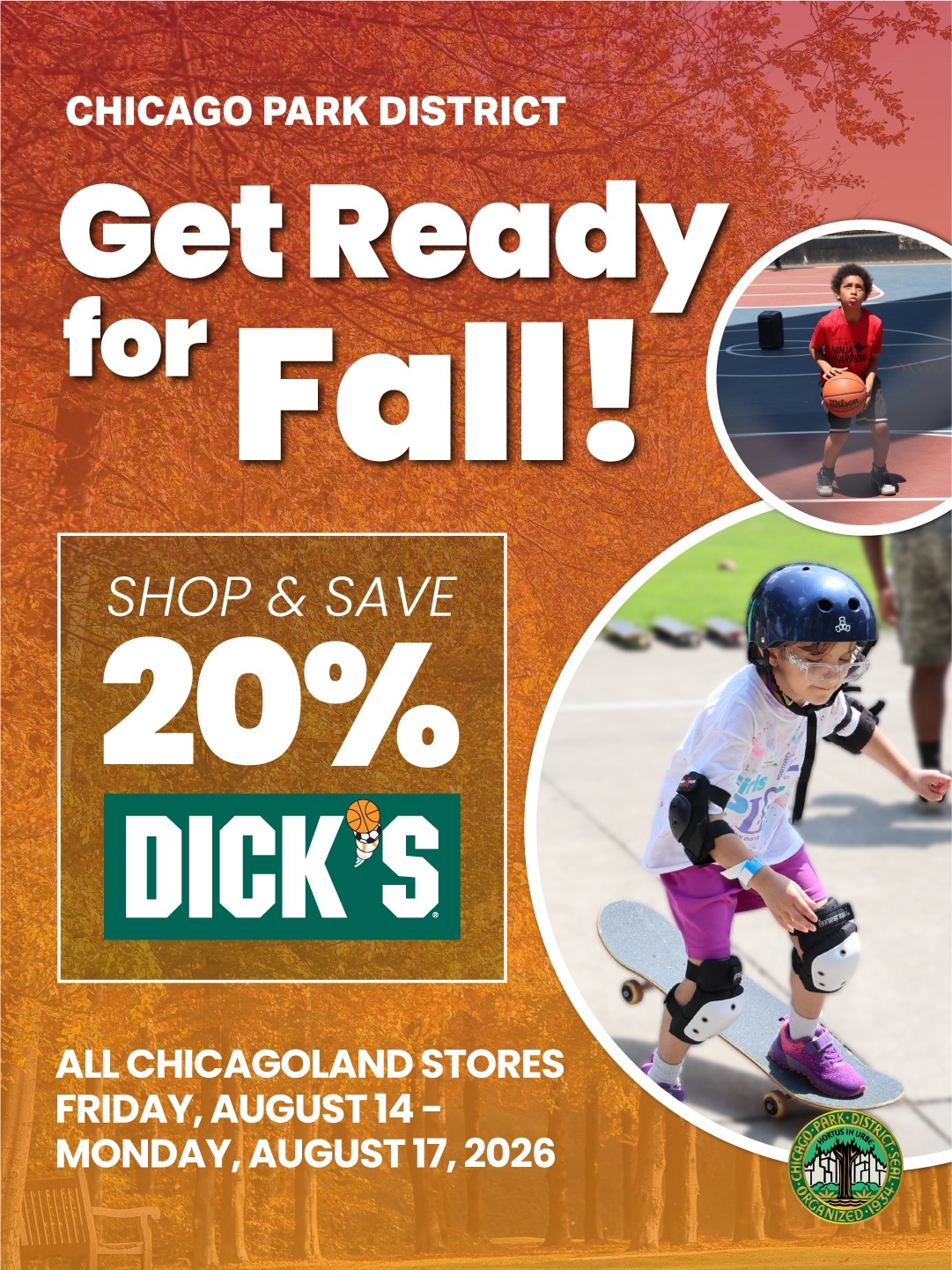 Chicago Park District flyer for a Dick's Sporting Goods sale featuring children playing sports.
