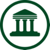 Green icon of a classical building with columns.
