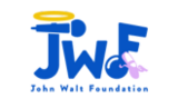 John Walt Foundation logo. Blue JWF letters with a pink ghost and halo.